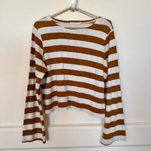Striped Brown/Gold and White Women's Top w/ Bell Sleeves